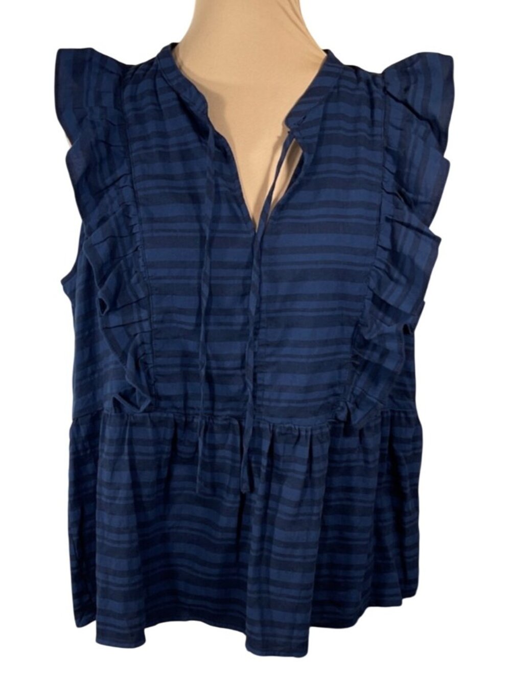 Loft Top Shirt Ruffle Cap Sleeve Size L Large Blue Stripe